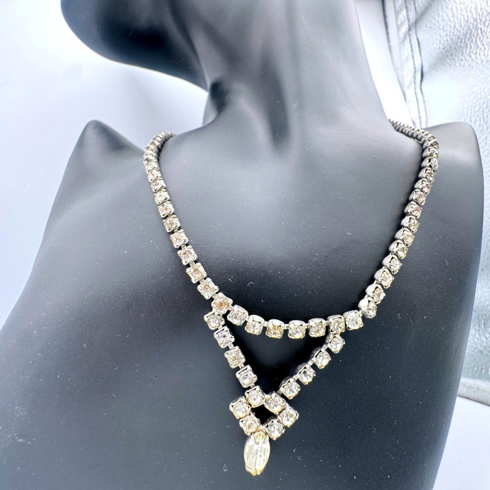 Vintage Rhinestone Choker Necklace 1950s Silver Tone V Drop Marquise Bridal 15in
